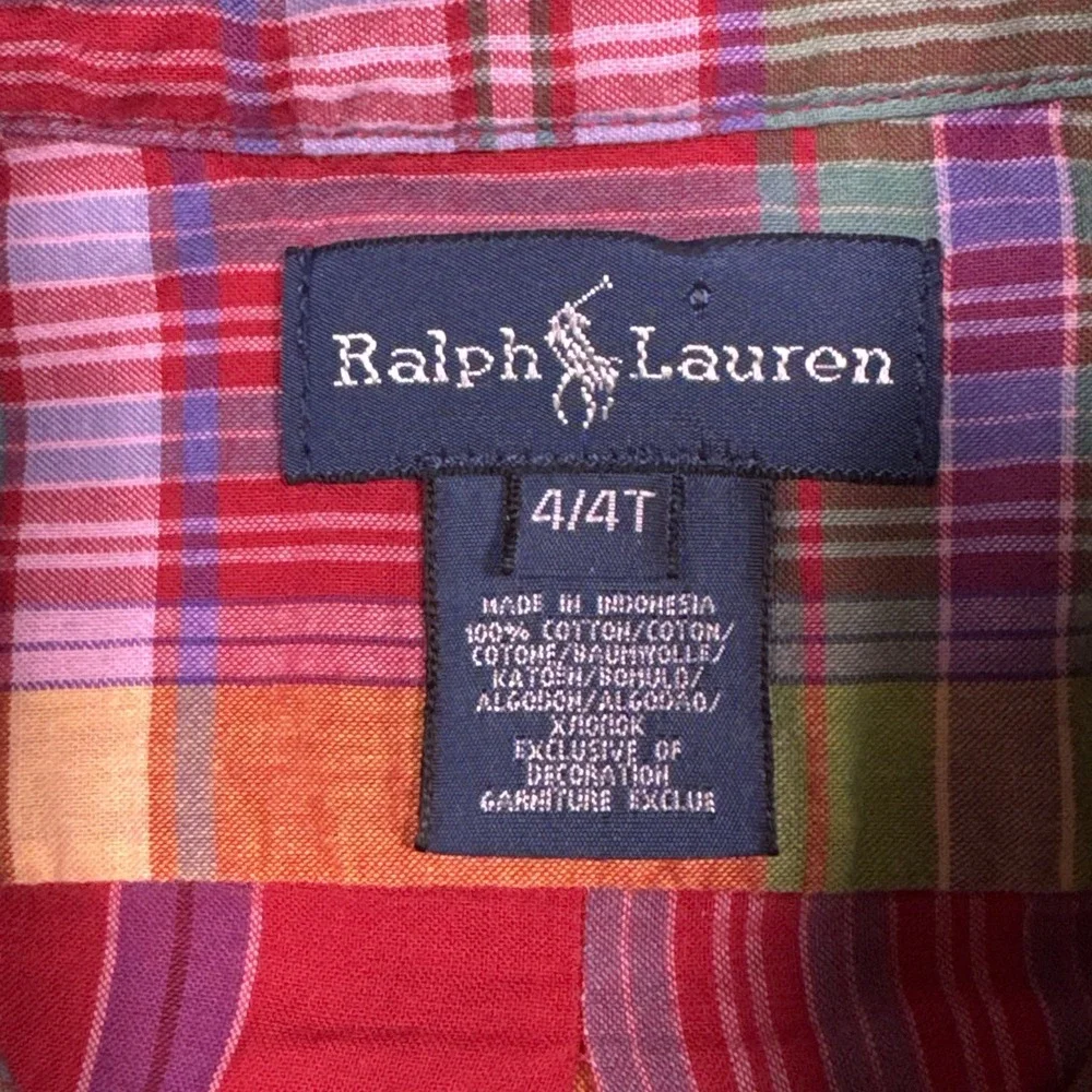 Ralph Lauren Boys 4 4T Plaid Long Sleeve Button Down Shirt Red Purple Green Pony
